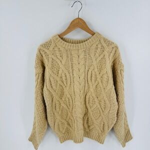 Sienne Cable Knit Sweater Tan Cozy Chunky Knit Crew Neck Size L Rory‎ Gilmore